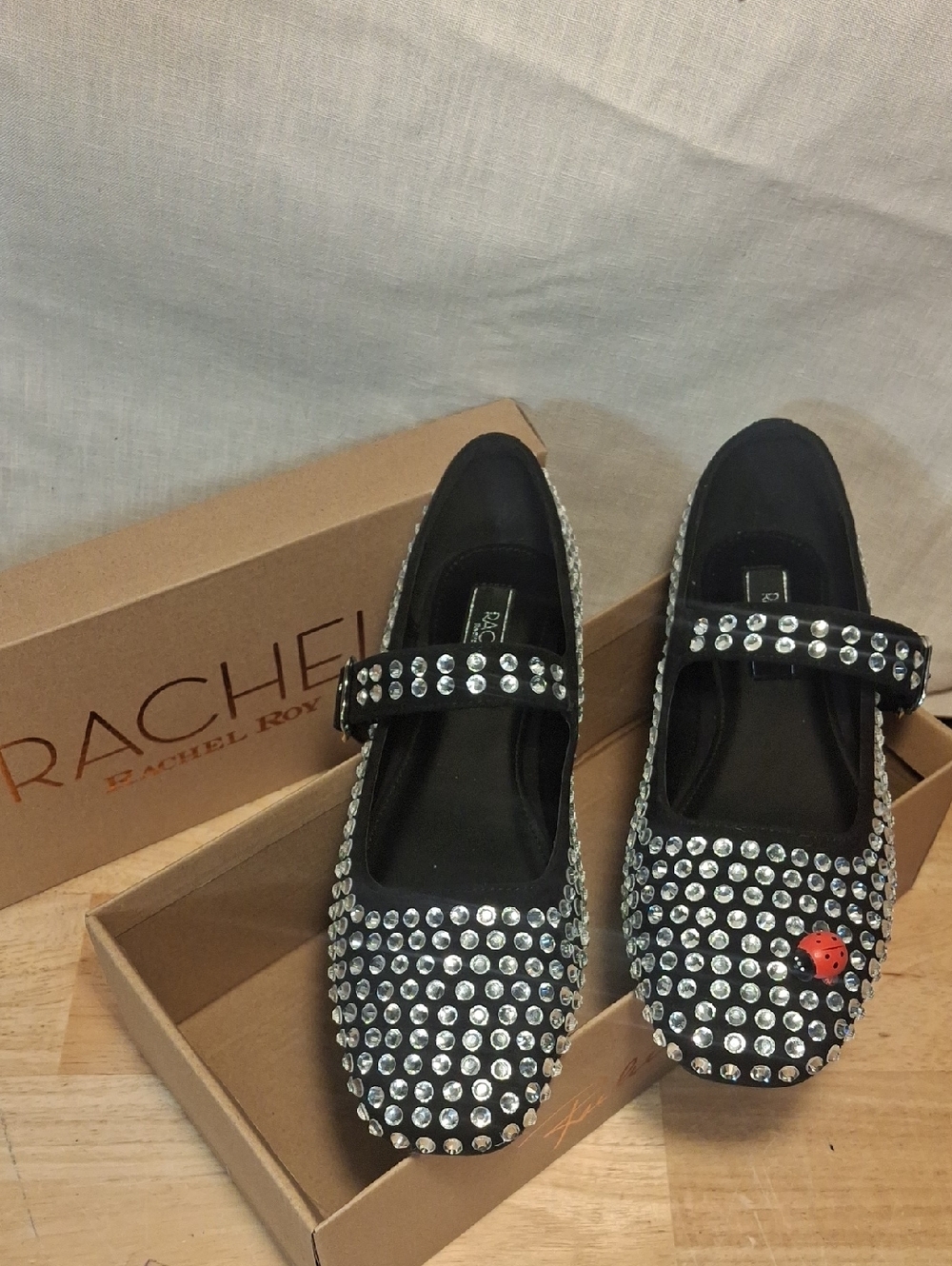 Rachel Roy Upcycle Ladybug Black Crystal Mary Jane Flats 🐞